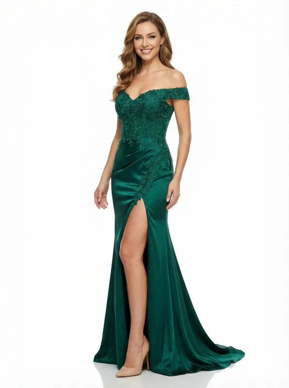 Elegent Off Shoulder Floor Length Lace Sweetheart Satin Party Prom Dresses Slit sold by ChicSew