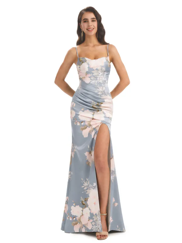 Elegant Spaghetti Straps Side Slit Mermaid Floral Satin Maxi Floral Formal Dresses For Women sold by ChicSew