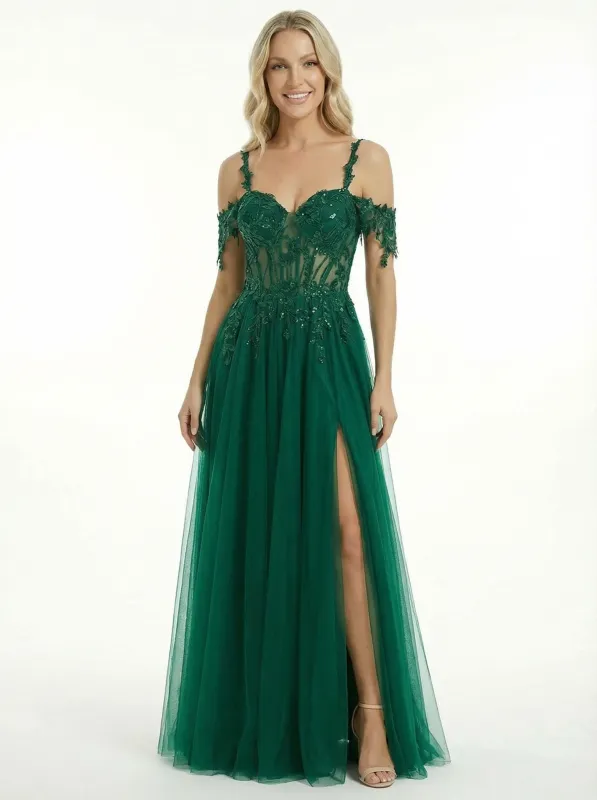 Elegant Lace Beaded Cold Shoulder A Line Side Slit Long Party Prom Dresses sold by ChicSew