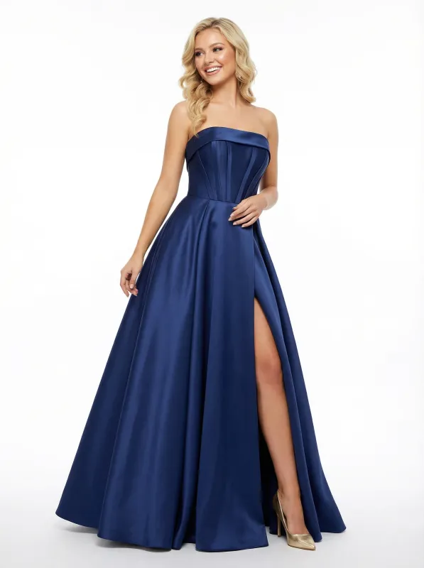 Simple Satin Strapless Side Slit A-line Floor Length Party Prom Dresses sold by ChicSew