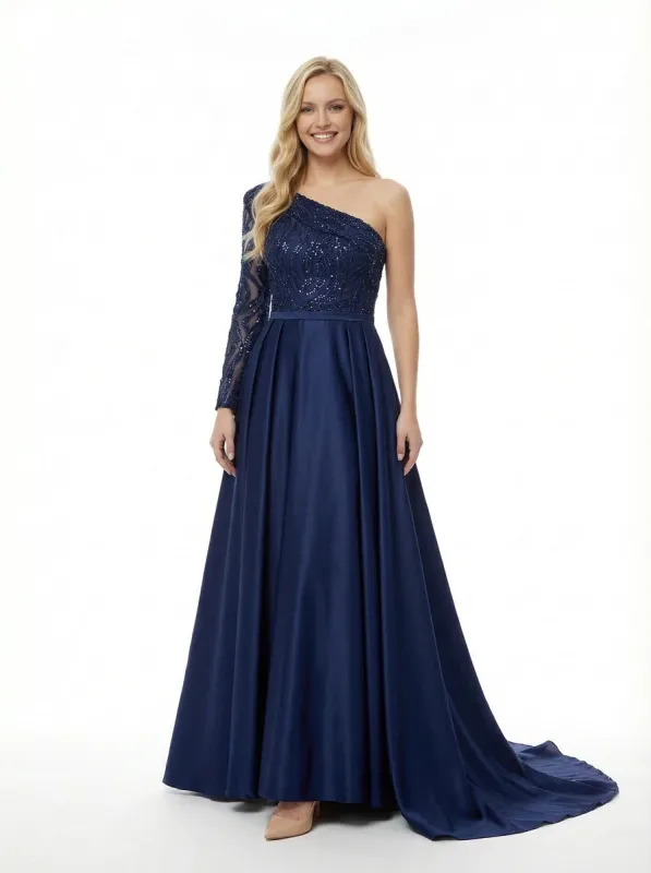 Elegant Satin Beaded One Shoulder Long Sleeve Party Prom Dresses with OverSkirt sold by ChicSew