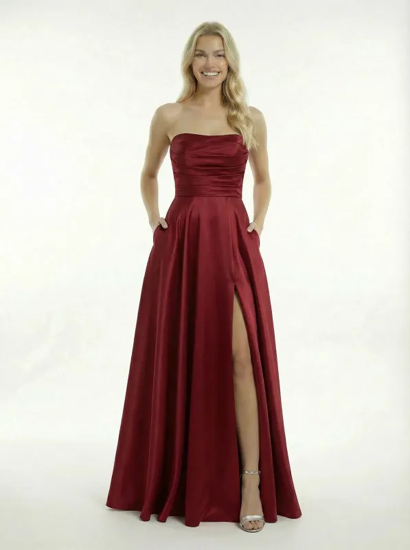 Simple Satin Strapless A-line Side Slit Floor Length Long Party Prom Dresses sold by ChicSew