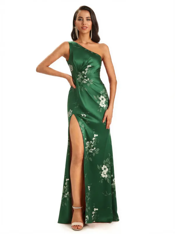 Elegant One Shoulder Mermaid Side Slit Long Satin Floral Formal Dresses For Women sold by ChicSew