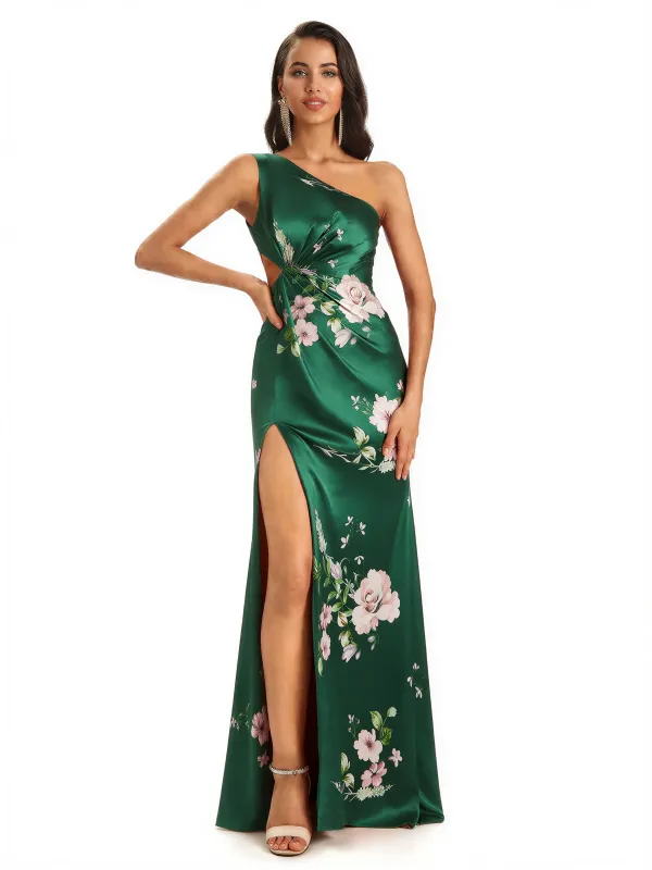 Elegant One Shoulder Mermaid Side Slit Long Satin Floral Formal Dresses For Women sold by ChicSew