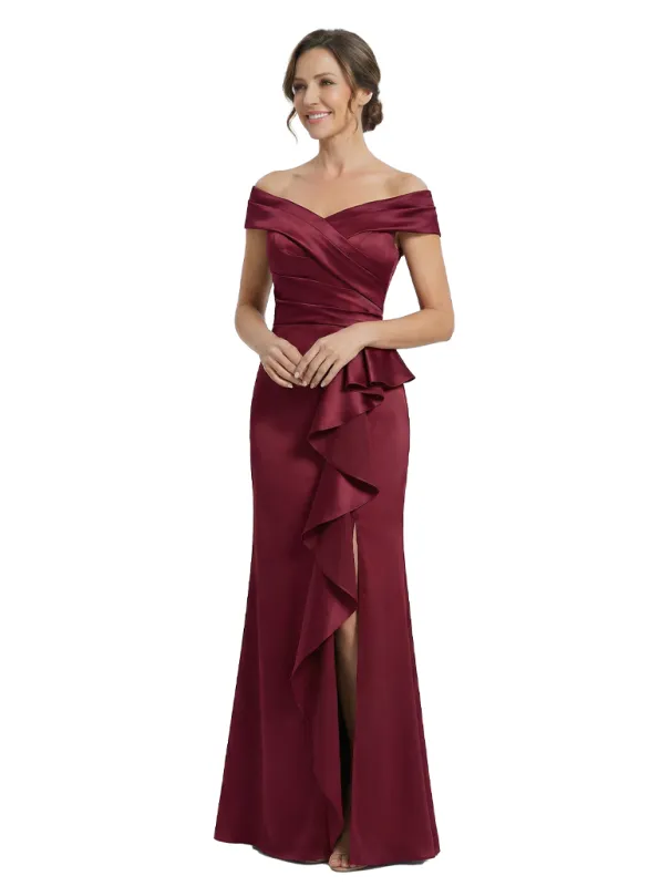 Elegant Off Shoulder Satin Side Slit Ruffles Mermaid Mother Of The Bride Dresses sold by ChicSew