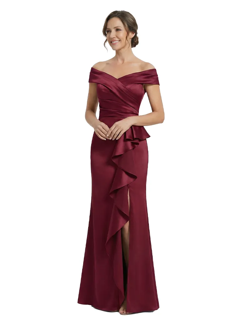 Elegant Off Shoulder Satin Side Slit Ruffles Mermaid Mother Of The Bride Dresses sold by ChicSew