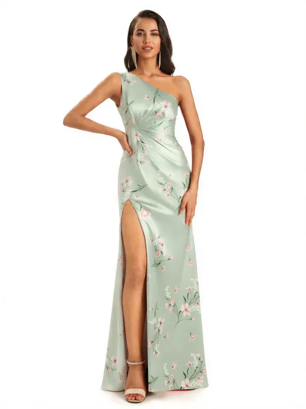 Elegant One Shoulder Mermaid Side Slit Floral Satin Maxi Floral Formal Dresses For Women sold by ChicSew