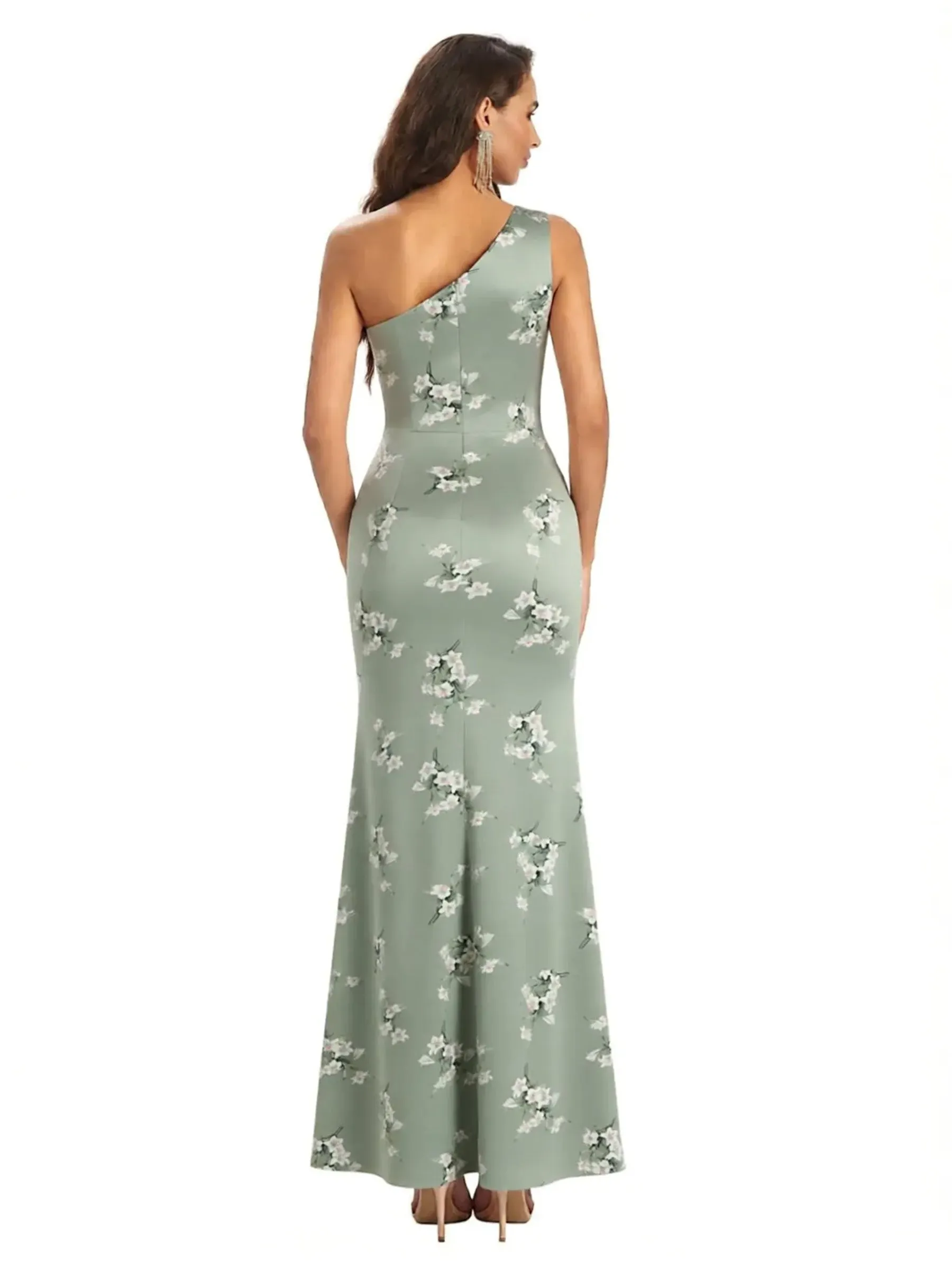 Elegant One Shoulder Mermaid Side Slit Floral Satin Maxi Floral Formal Dresses For Women sold by ChicSew product image thumbnail 2