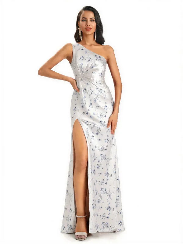 Elegant One Shoulder Mermaid Side Slit Floral Satin Maxi Floral Formal Dresses For Women sold by ChicSew