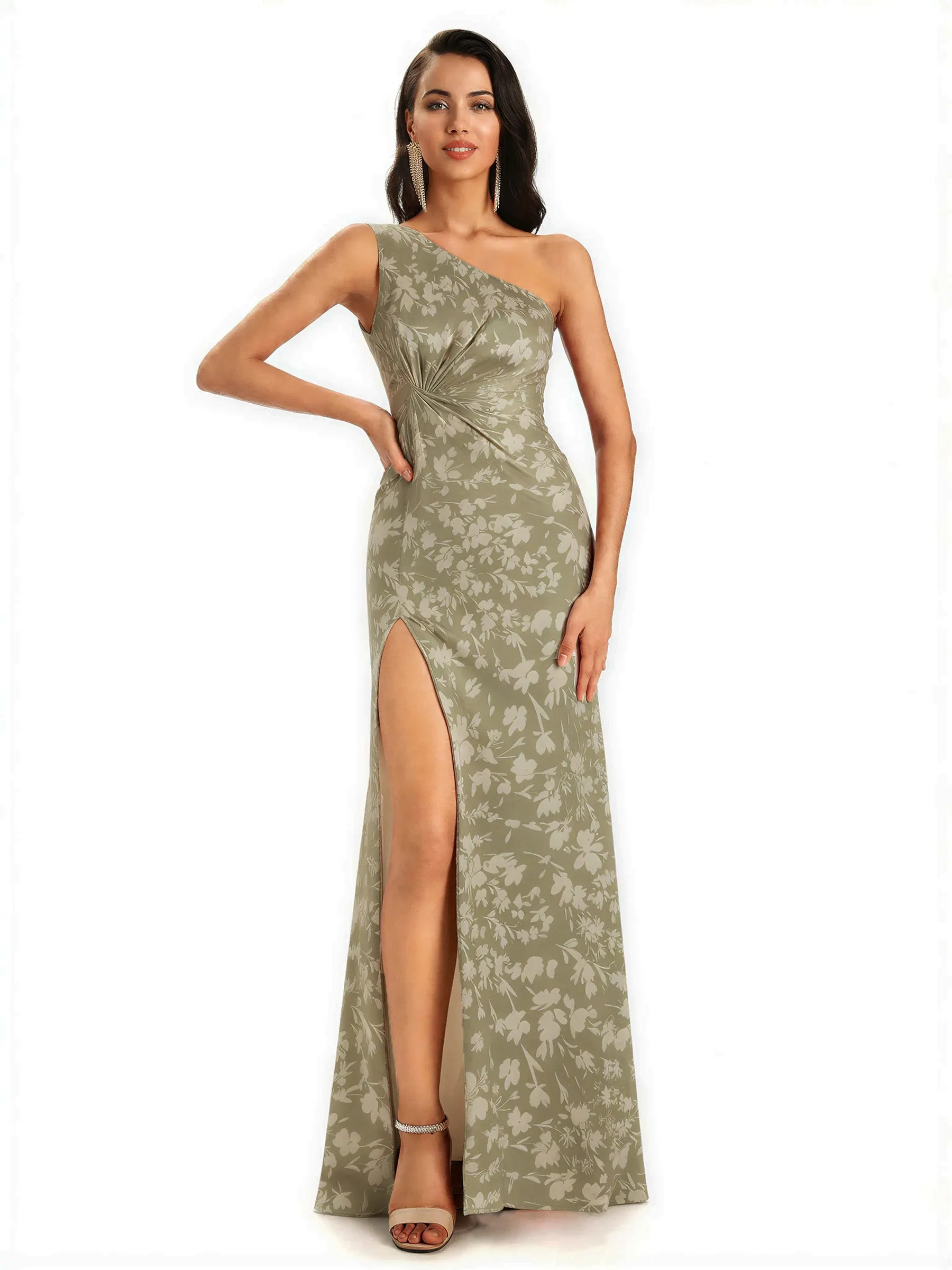 Elegant One Shoulder Mermaid Side Slit Floral Satin Maxi Floral Formal Dresses For Women sold by ChicSew