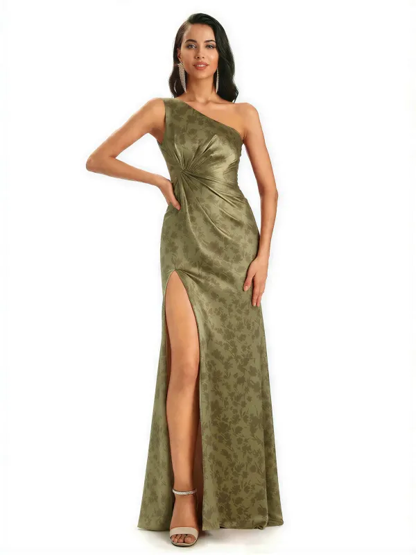 Elegant One Shoulder Mermaid Side Slit Floral Satin Maxi Floral Formal Dresses For Women sold by ChicSew