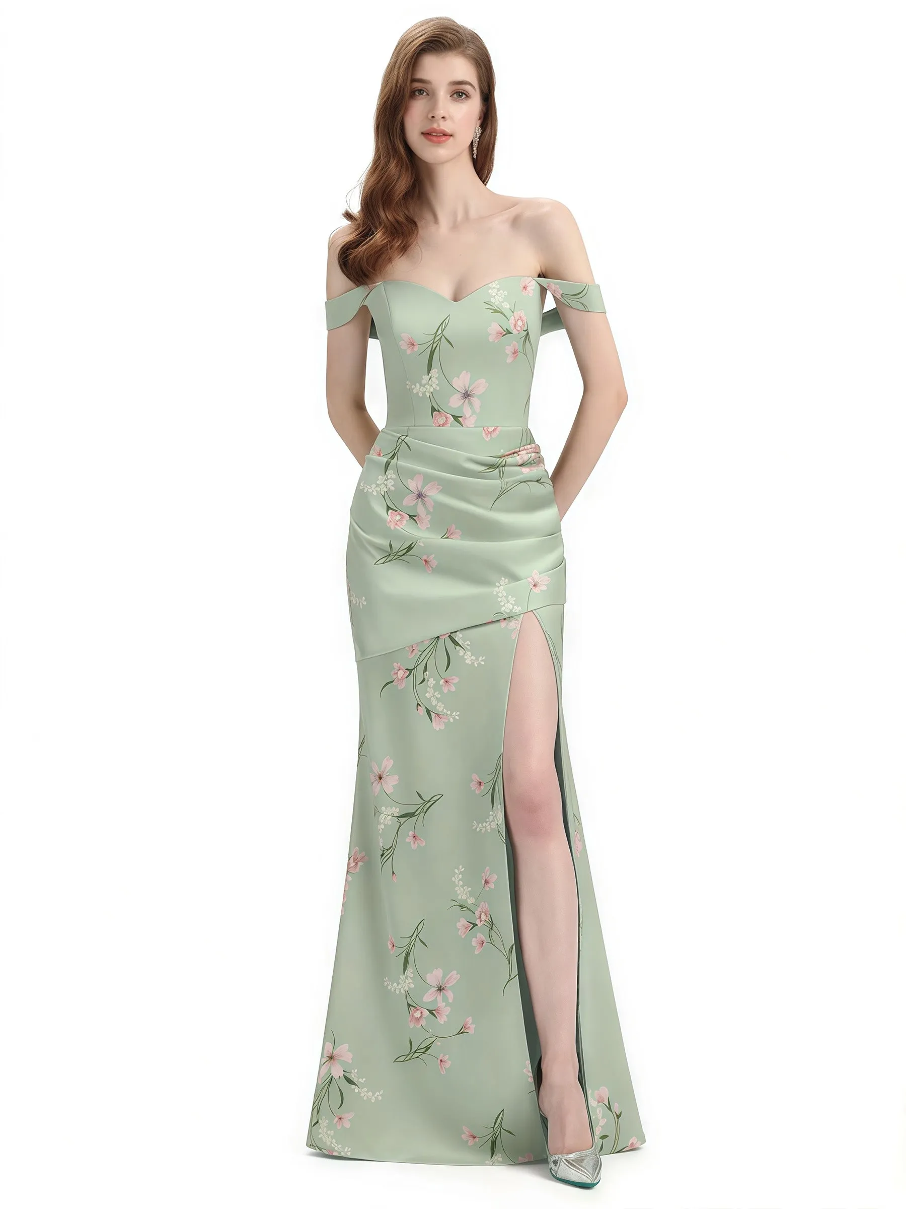 Elegant Off Shoulder Mermaid Side Slit Floral Satin Maxi Floral Formal Dresses For Women sold by ChicSew
