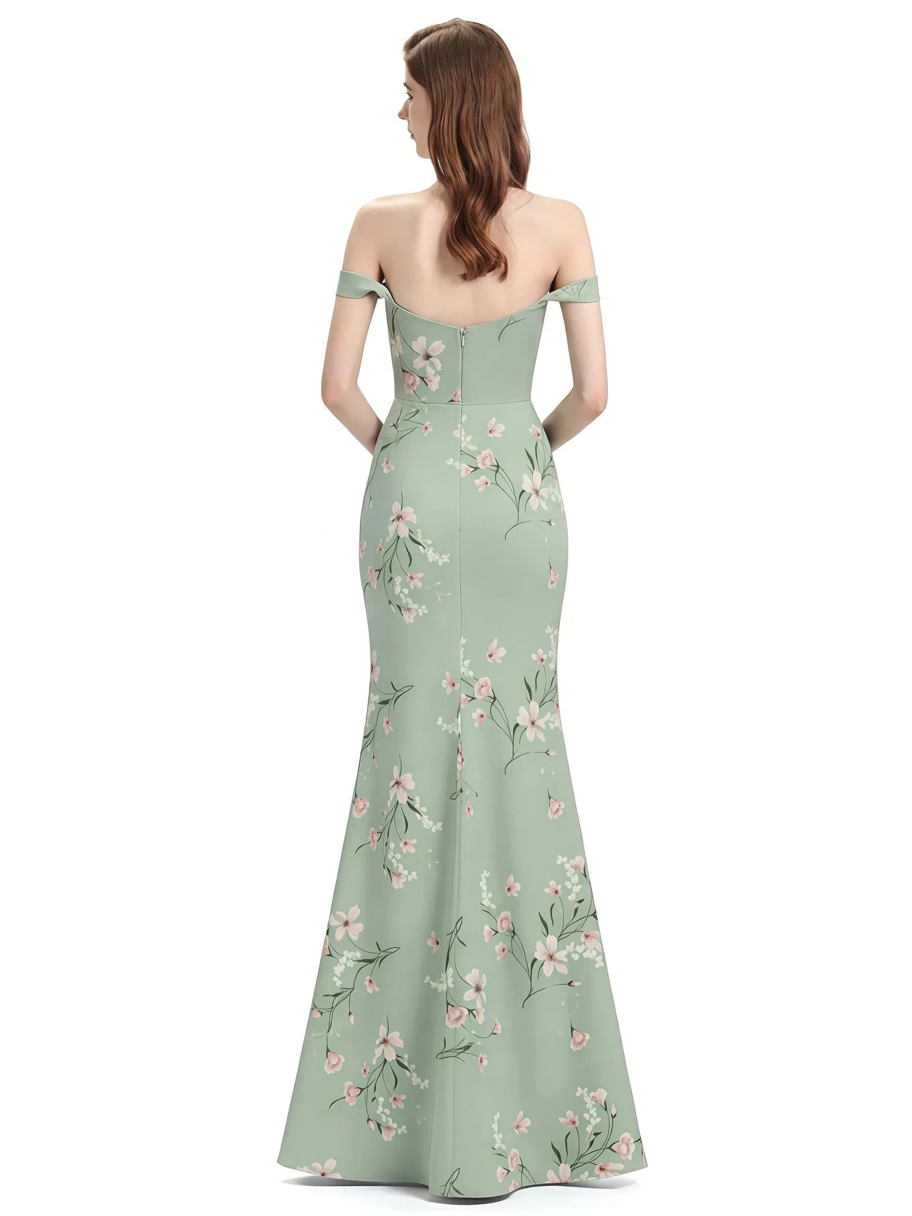 Elegant Off Shoulder Mermaid Side Slit Floral Satin Maxi Floral Formal Dresses For Women sold by ChicSew product image thumbnail 2