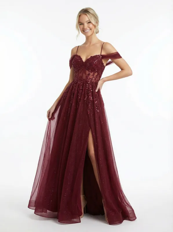 Sweet Tulle Cold Shoulder Beaded Side Slit Long Party Prom Dresses sold by ChicSew