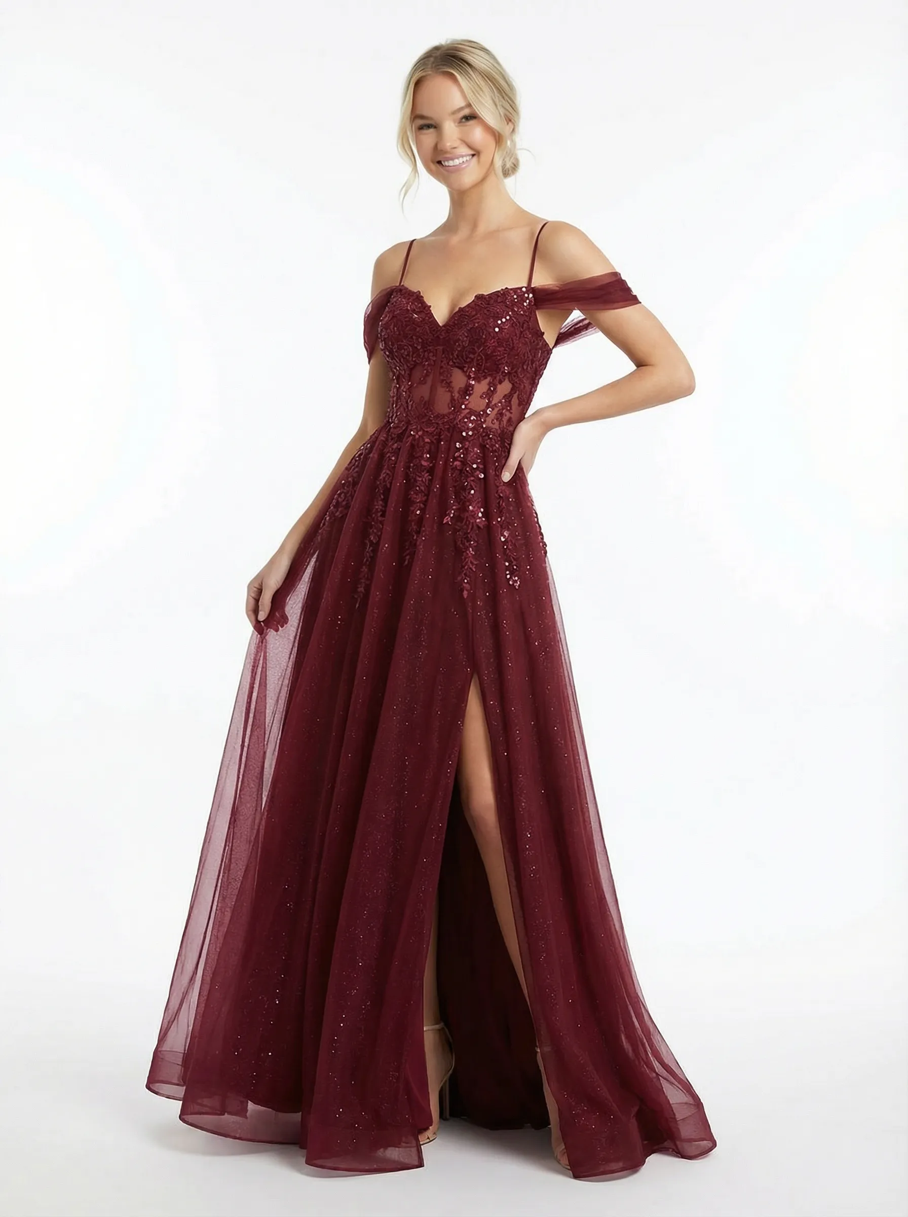 Sweet Tulle Cold Shoulder Beaded Side Slit Long Party Prom Dresses sold by ChicSew