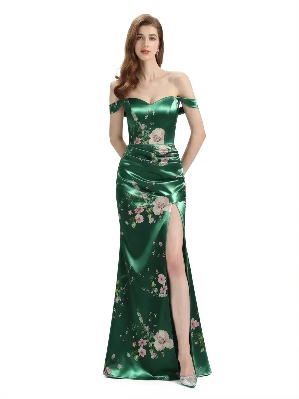 Elegant Off Shoulder Mermaid Side Slit Floral Satin Maxi Floral Formal Dresses For Women sold by ChicSew