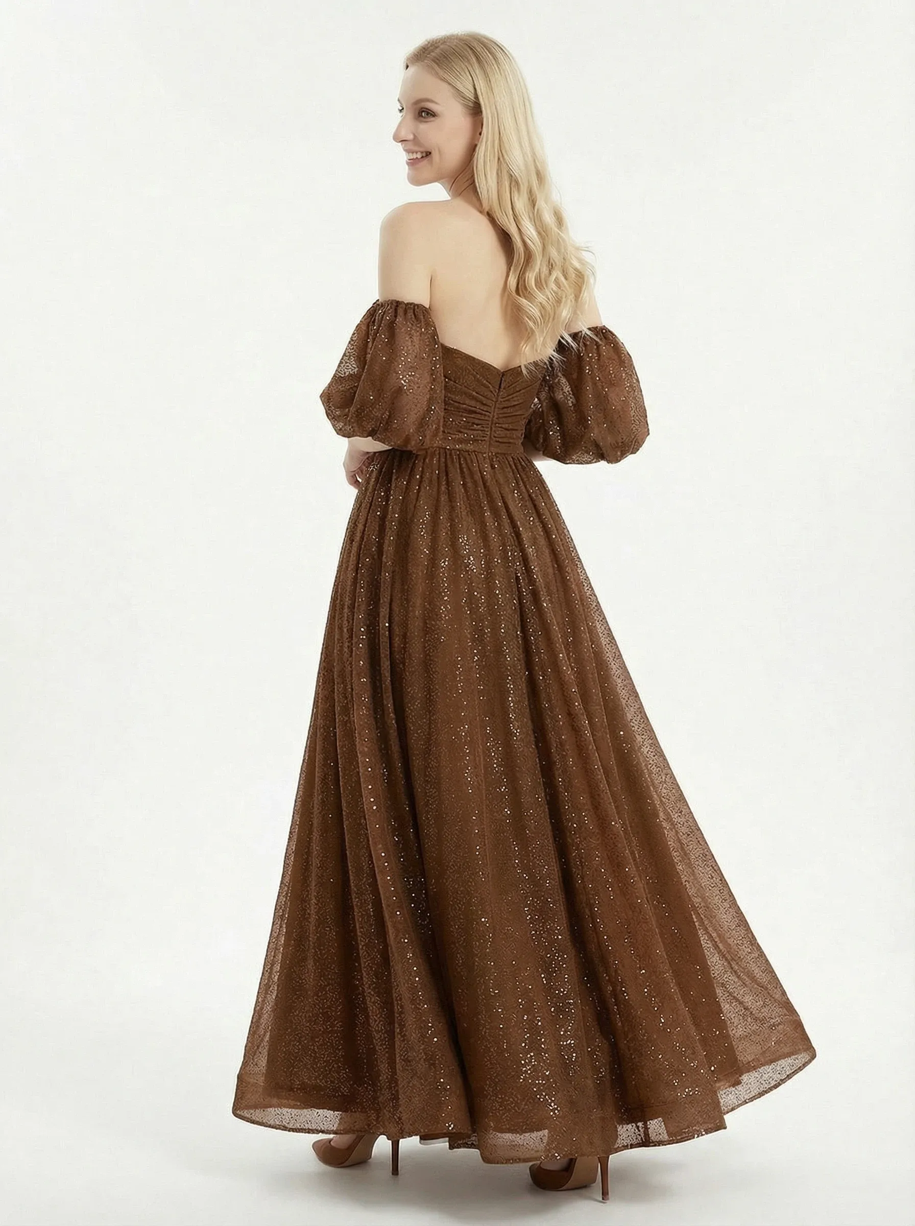 Sparkly Off Shoulder Sequin Tulle A line Formal Long Prom Dresses sold by ChicSew product image thumbnail 3