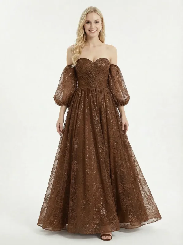 Sparkly Off Shoulder Sequin Tulle A line Formal Long Prom Dresses sold by ChicSew