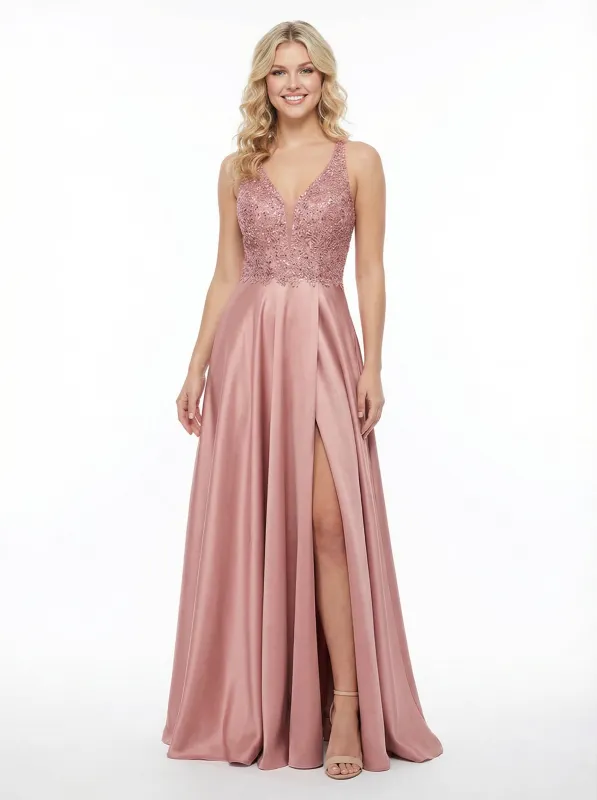 Elegant Lace Satin V-Neck A-line Long Prom Dresses Slit sold by ChicSew