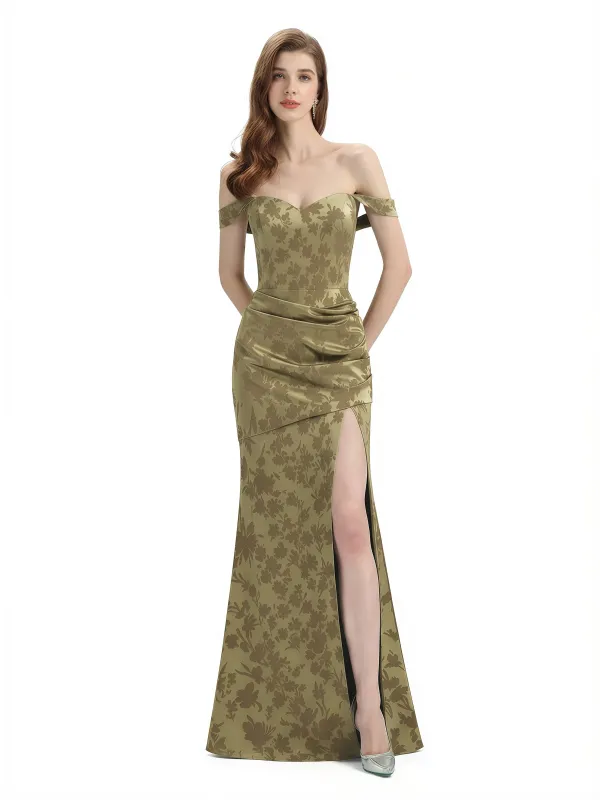 Elegant Off Shoulder Mermaid Side Slit Floral Satin Maxi Floral Formal Dresses For Women sold by ChicSew