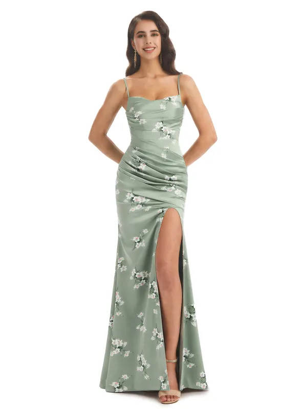 Elegant Spaghetti Straps Side Slit Mermaid Floral Satin Maxi Floral Formal Dresses For Women sold by ChicSew