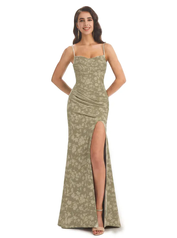 Elegant Spaghetti Straps Side Slit Mermaid Floral Satin Maxi Floral Formal Dresses For Women sold by ChicSew