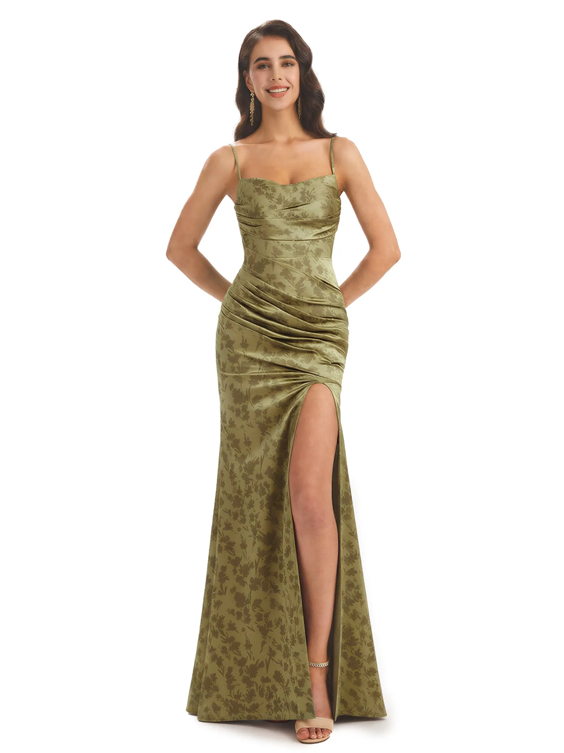 Elegant Spaghetti Straps Side Slit Mermaid Floral Satin Maxi Floral Formal Dresses For Women sold by ChicSew