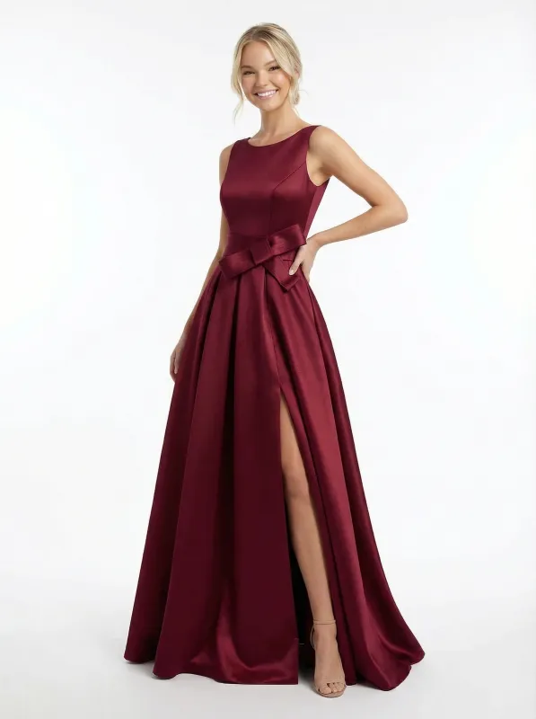 Simple Scoop A-line Side Slit Open Back Satin Long Party Prom Dresses sold by ChicSew