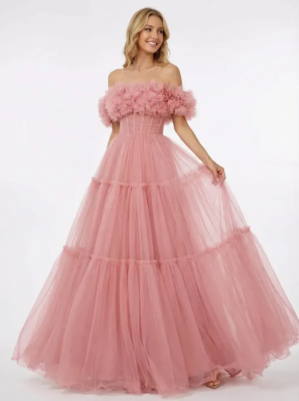Sweet Tulle Off Shoulder Sleeveless A-line Evening Prom Dresses sold by ChicSew