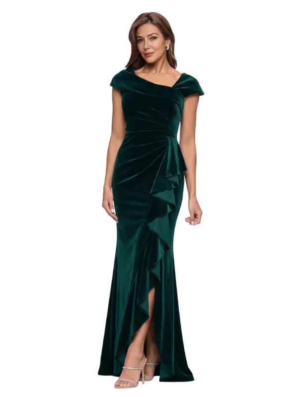 Elegant Asymmetric Cap Sleeves Ruffles Velvet Long Mother of The Dresses sold by ChicSew