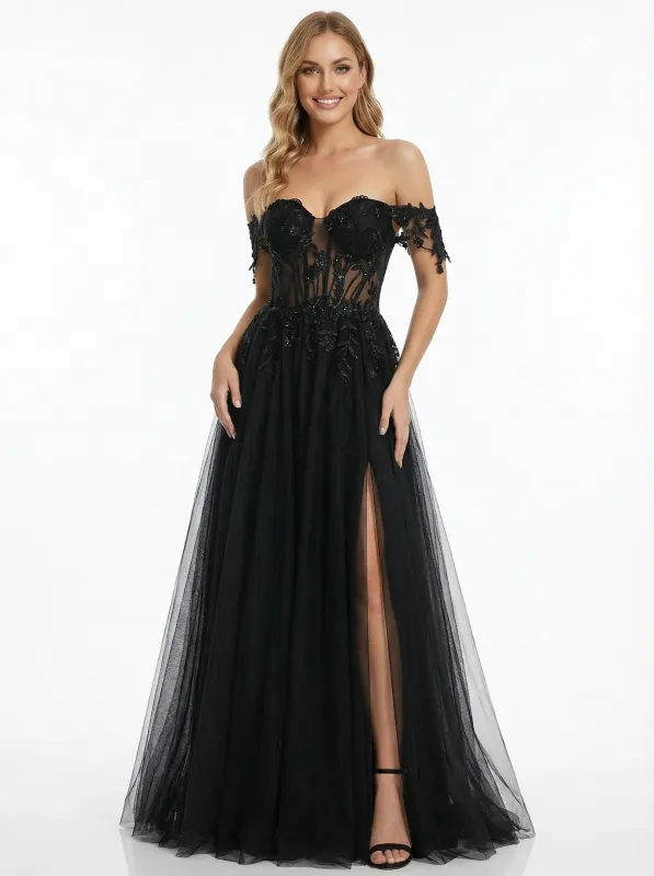 Unique Lace Off Shoulder A Line Tulle Side Slit Long Party Prom Dresses sold by ChicSew