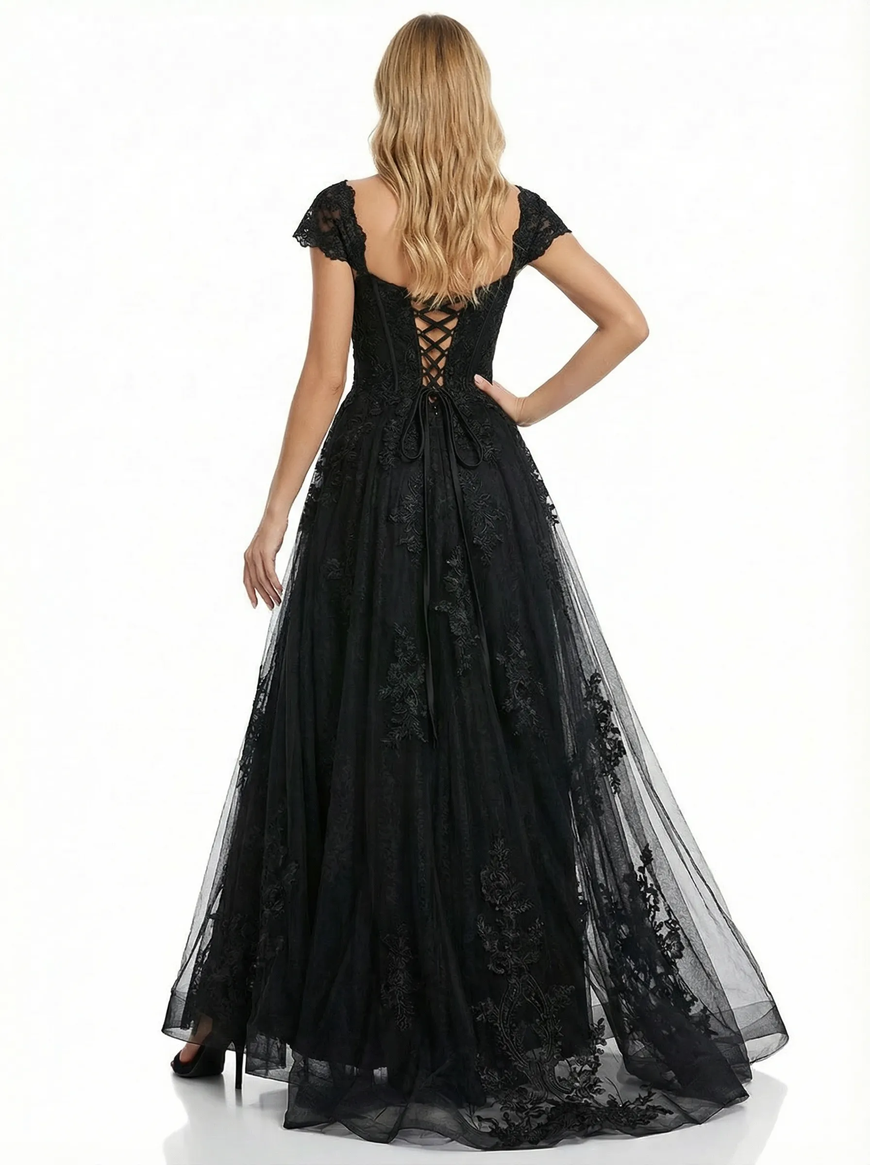 Unique Lace Off Shoulder A Line Tulle Side Slit Long Party Prom Dresses sold by ChicSew product image thumbnail 3