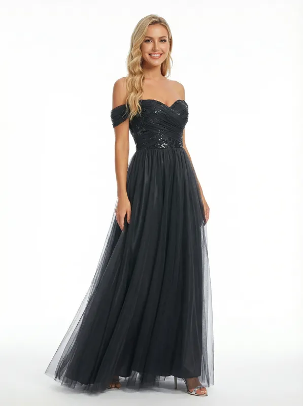 Elegant Sequin Tulle Off Shoulder A Line Long Party Prom Dresses sold by ChicSew