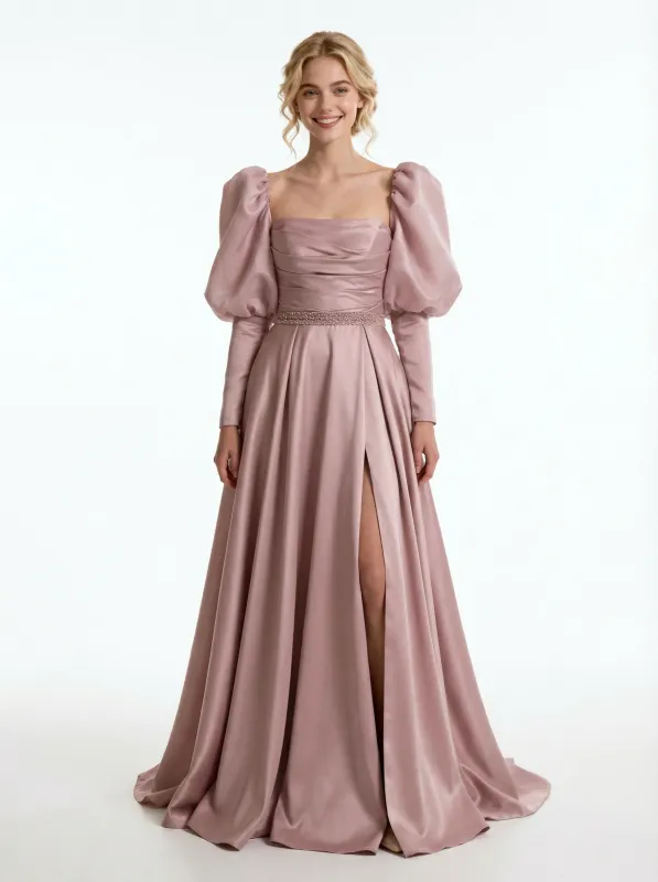 Sweet Satin Side Slit A-Line Long Sleeves Long Party Prom Dresses sold by ChicSew