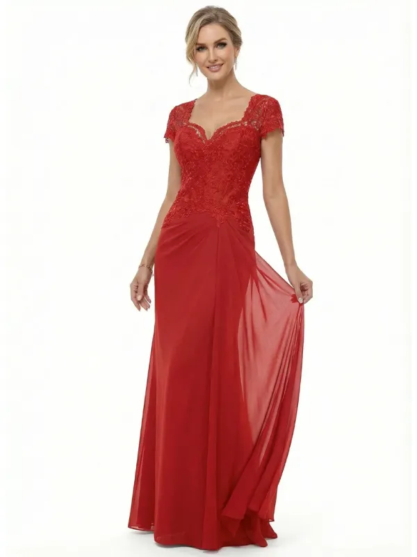 Elegant Lace Short Sleeves Chiffon A-Line Long Mother of The Bride Dresses sold by ChicSew