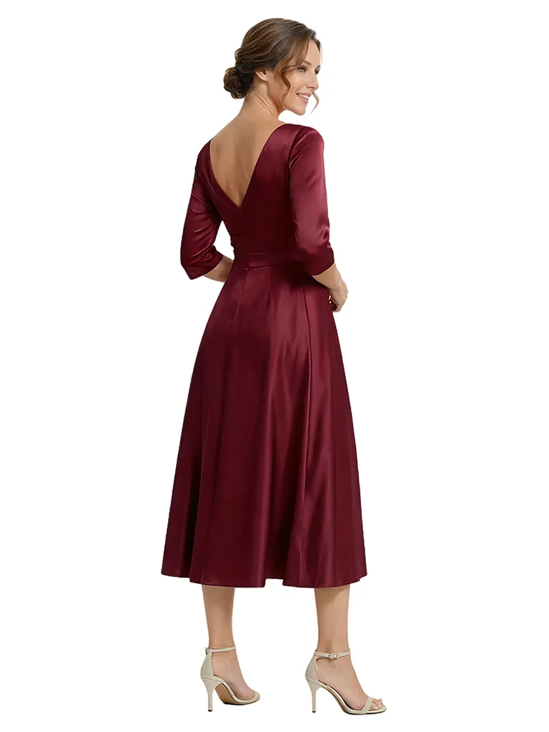Elegant Asymmetric Neckline Long Slevees Satin Midi Mother Of The Bride Dresses sold by ChicSew product image thumbnail 2