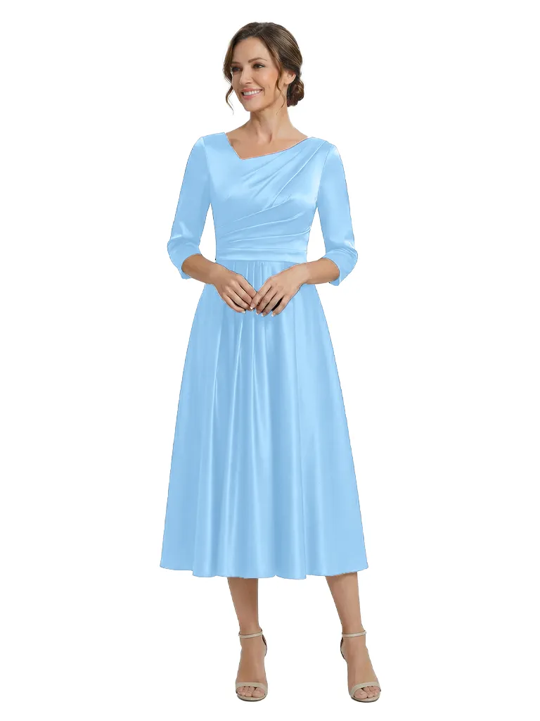 Elegant Asymmetric Neckline Long Slevees Satin Midi Mother Of The Bride Dresses sold by ChicSew product image thumbnail 4