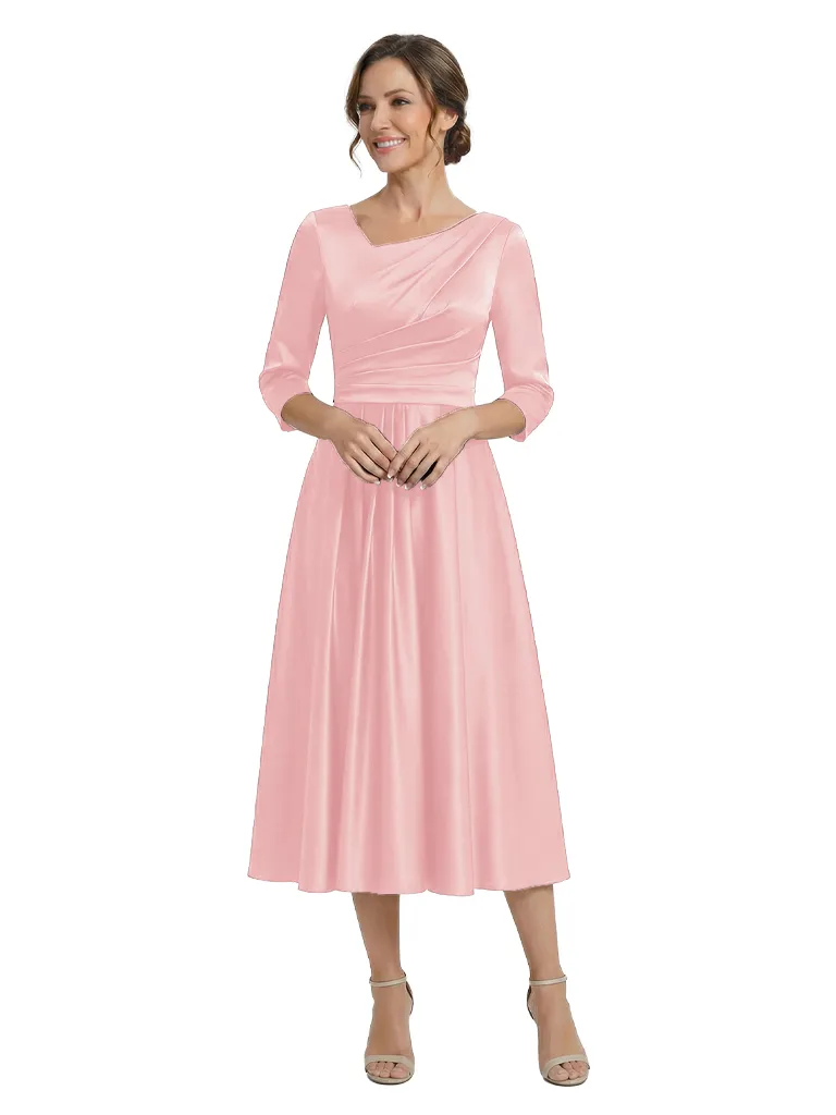 Elegant Asymmetric Neckline Long Slevees Satin Midi Mother Of The Bride Dresses sold by ChicSew product image thumbnail 5