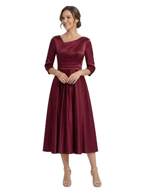 Elegant Asymmetric Neckline Long Slevees Satin Midi Mother Of The Bride Dresses sold by ChicSew