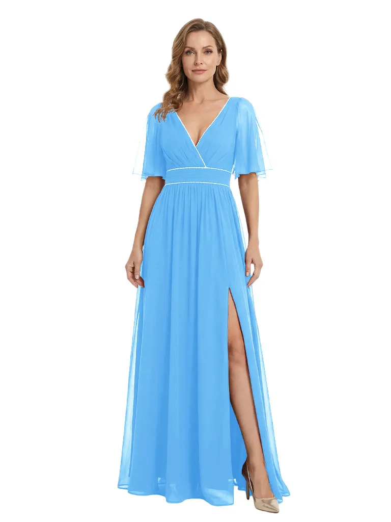 Elegant Flutter Sleeve V-Neck Chiffon Side Slit A-line Long Mother of The Bride Dresses sold by ChicSew product image thumbnail 4