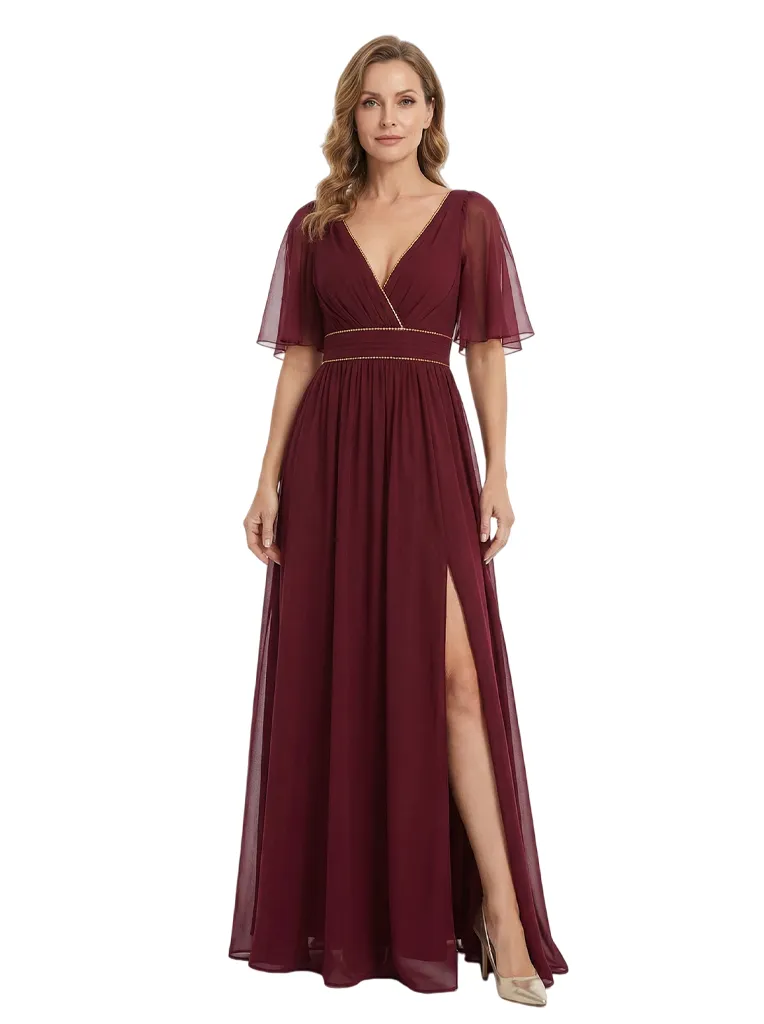 Elegant Flutter Sleeve V-Neck Chiffon Side Slit A-line Long Mother of The Bride Dresses sold by ChicSew