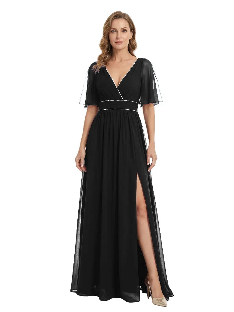 Elegant Flutter Sleeve V-Neck Chiffon Side Slit A-line Long Mother of The Bride Dresses sold by ChicSew product image thumbnail 3
