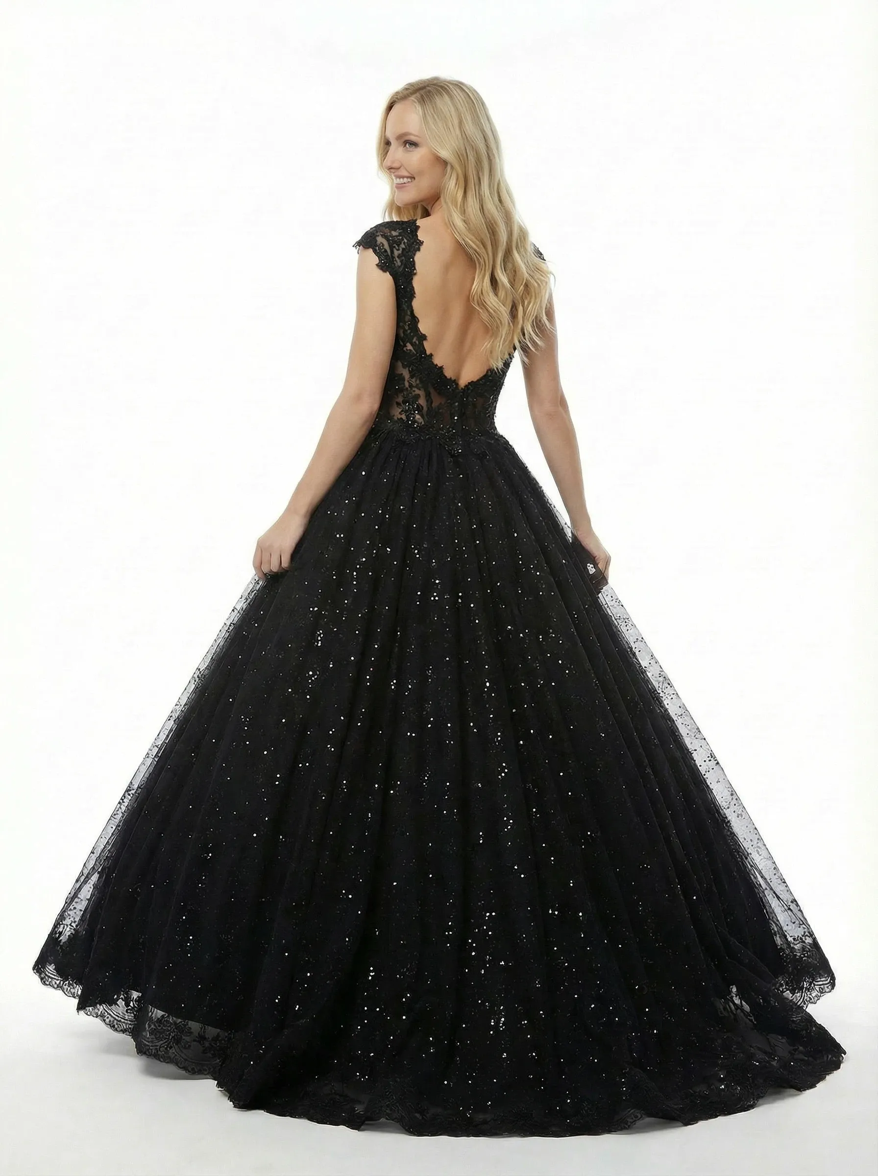 Glitter Cap Sleeve Lace A-Line Long Ball Gown Party Prom Dresses sold by ChicSew product image thumbnail 3