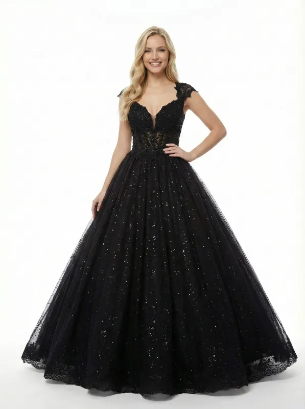 Glitter Cap Sleeve Lace A-Line Long Ball Gown Party Prom Dresses made by ChicSew