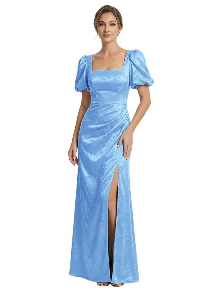 Elegant Jacquard Satin Side Slit Square neckline Mermaid Short Sleeves Long Formal Evening Dresses sold by ChicSew product image thumbnail 4