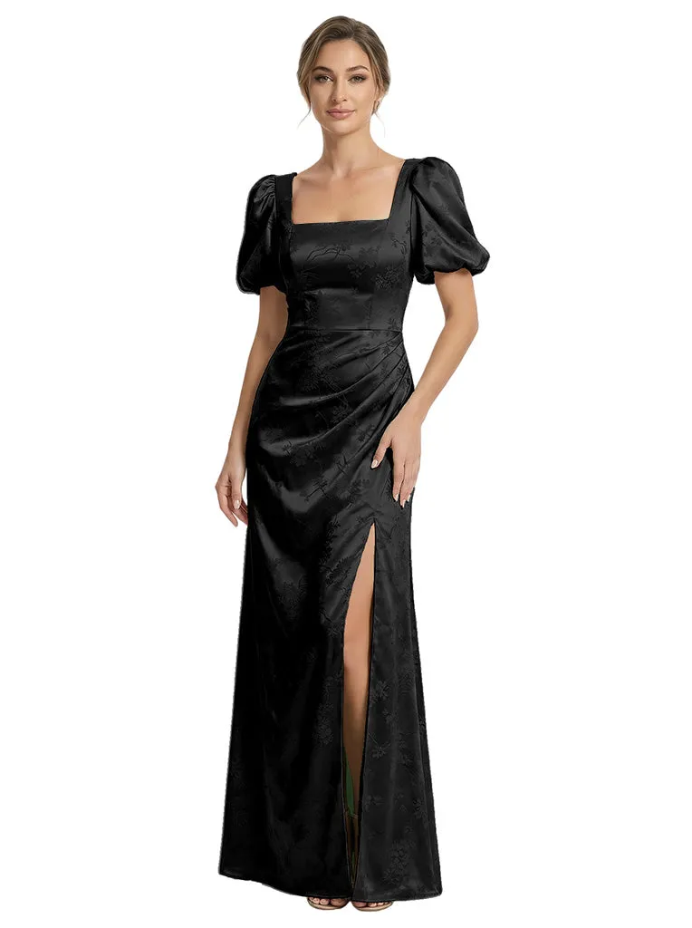 Elegant Jacquard Satin Side Slit Square neckline Mermaid Short Sleeves Long Formal Evening Dresses sold by ChicSew product image thumbnail 3