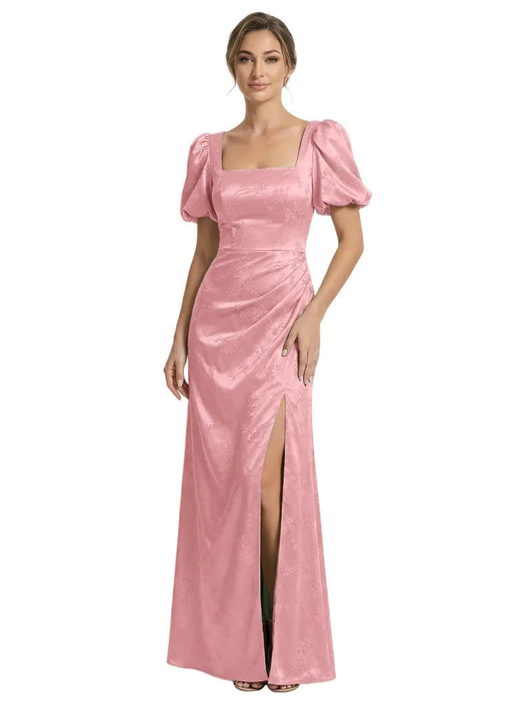 Elegant Jacquard Satin Side Slit Square neckline Mermaid Short Sleeves Long Formal Evening Dresses sold by ChicSew product image thumbnail 5