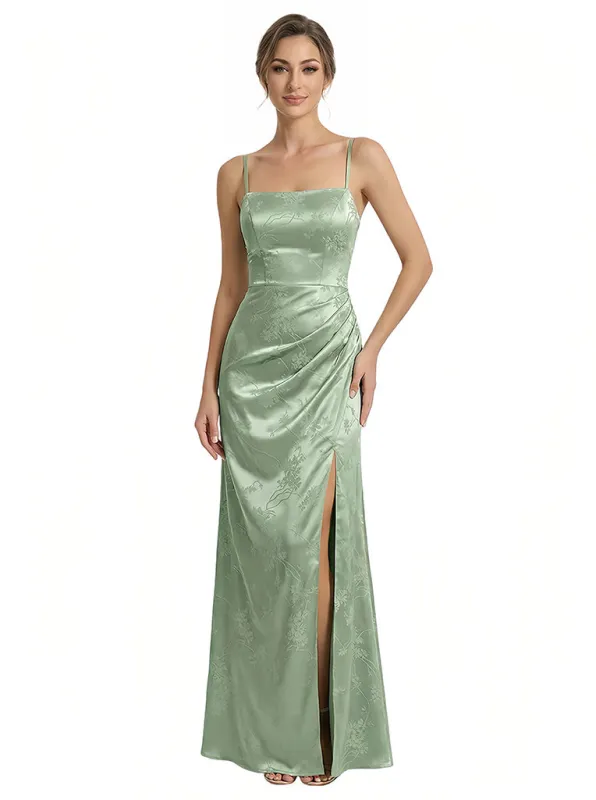 Elegant Jacquard Satin Spaghetti Straps Mermaid Side Slit Long Formal Evening Dresses sold by ChicSew