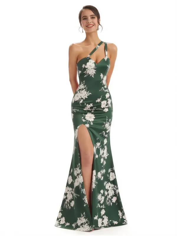 Elegant One Shoulder Side Slit Mermaid Floral Satin Maxi Floral Formal Dresses For Women sold by ChicSew
