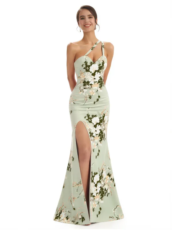 Elegant One Shoulder Side Slit Mermaid Floral Satin Maxi Floral Formal Dresses For Women sold by ChicSew